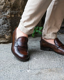 Mocassino Penny Uomo in Vera Pelle Patinato Marrone