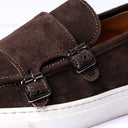 Monk Strap Uomo in Camoscio Marrone Scuro con Suola Bianca