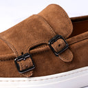 Monk Strap Uomo in Camoscio Marrone Tabacco con Suola Bianca