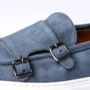 Monk strap Uomo in Camoscio Blu Denim con Fibbie e Suola Bianca