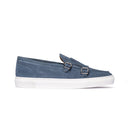 Monk strap Uomo in Camoscio Blu Denim con Fibbie e Suola Bianca