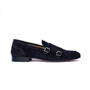 Monk Strap Uomo in Camoscio Blu con Suola Cuoio